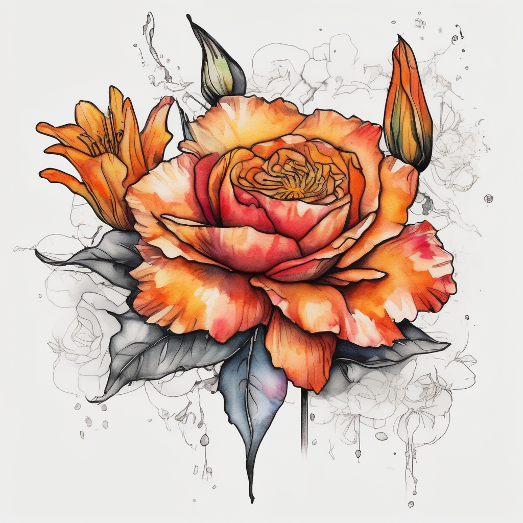 a colorful, vibrant, watercolor tattoo with one red rose, one orange lily, one gold marigold, and one orange cosmos flower and with splashes of color second skin tattoo, AI-generated Old School tattoo design